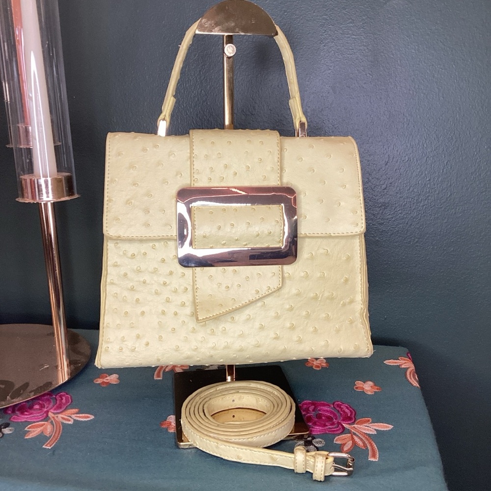 Grossi Ostrich Embossed Satchel Handbag Small Pale Yellow Good Faux‎ Leather